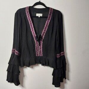 Rahi Cali Size Small Black Embroidered  Boho Bell Sleeve Top